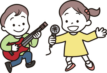 ギターを弾く男の子と歌を歌う女の子のイラスト素材