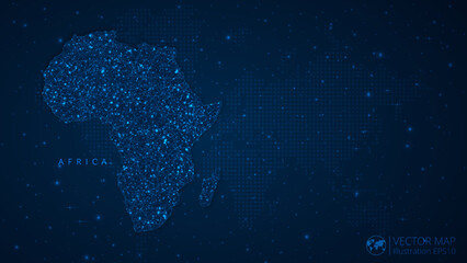 Fototapeta na wymiar Map of Africa Continent modern design with polygonal shapes on dark blue background. Business wireframe mesh spheres from flying debris. Blue structure style vector illustration concept