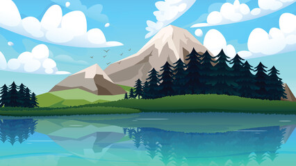 Mountain Lake View with Clear Water Reflection, Vector Wallpaper © Rendix Alextian