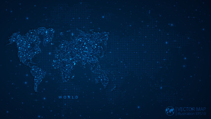 Map of World modern design with polygonal shapes on dark blue background. Business wireframe mesh spheres from flying debris. Blue structure style vector illustration concept