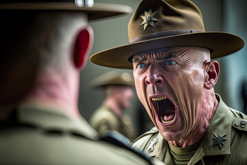 Drill sergeant screaming at a cadet. Generative AI - obrazy, fototapety, plakaty