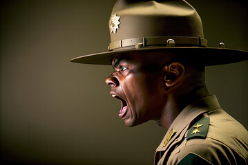 Black drill sergeant screaming. Generative AI - obrazy, fototapety, plakaty