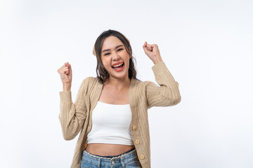Obraz premium Happy Asian woman is smiling and raise her hands up isolated on white background.