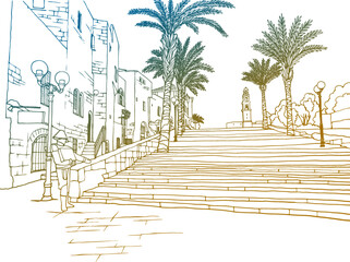 Nice view of the Old Jaffa, Tel Aviv, Israel. Hand drawn colourful sketch. Line art. Urban sketch. Vector illustration on white. Vintage Postcards style. Urban landscape without people.