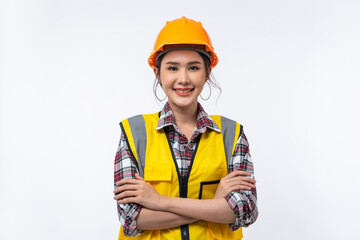 Happy Asian woman engineer and safety helmet with arms crossed isolated on white background.