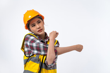 Asian woman engineer with safety helmet and stretching her arms isolated on white background.