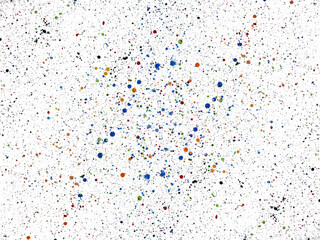 Hand painted watercolor splashes of colorful colors on white paper. Dotted grainy background. Trendy grunge design for decoration, gift paper, prints, covers