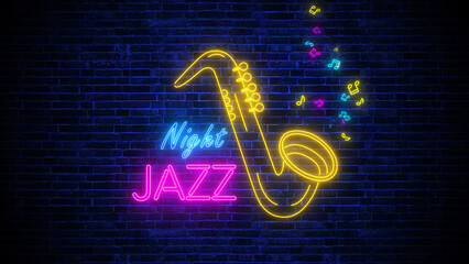 neon lights colorful jazz night and saxophone sign on brick wall background, music and concept cafe, concert and bar wallpaper