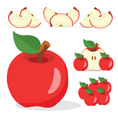 Set of red apple, half, slices and eaten on a white background.