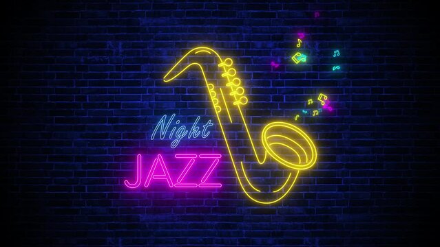 4k neon lights colorful jazz night and saxophone sign on brick wall background loop video, music and concept cafe, concert and bar animation