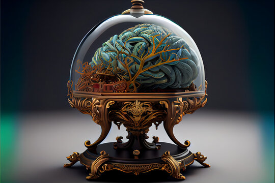 Cérebro em roda de vidro para estudo. Generative AI digital illustration.