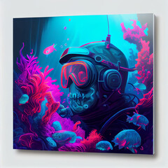 Scuba Diving in the Sea Cyberpunk Style Coral Reef Background. Generative Ai