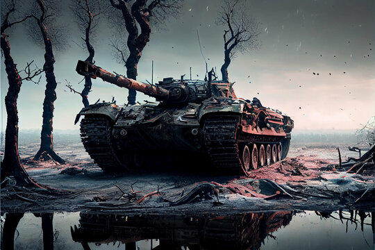 Damaged main battle tank along a tree line; generative ai. 