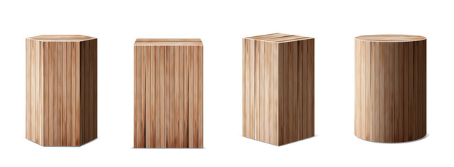 3D wood podium Pedestals, abstract geometric empty museum stages, exhibit displays for award ceremony presentation. Gallery platform, Set design Blank Wooden product stands