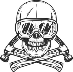 Skull with safety glasses builder crossed hammers from new construction and remodeling house business in monochrome vintage style illustration