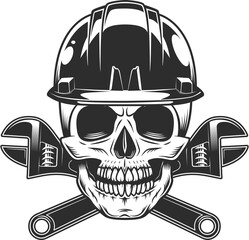 Builder skull in hard hat with crossed plumbing wrench from business new construction and remodeling house vintage style illustration