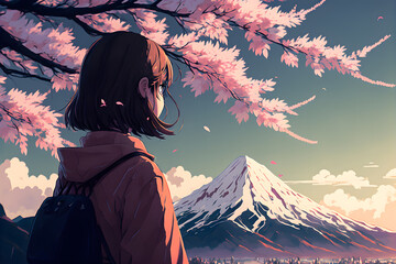 Illustrative drawing of a little girl looking at the Mount Fuji. Manga style. Generative AI.