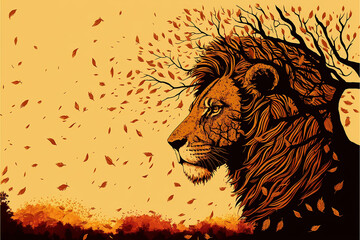 hand drawing lion sunset background falling leaf, Generative AI
