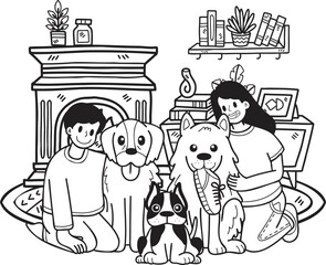 Hand Drawn The owner hugged the dog in the room illustration in doodle style