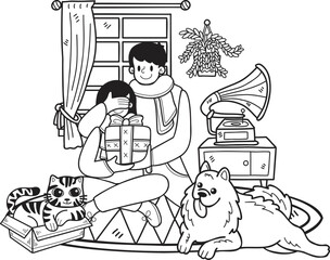 Hand Drawn Men give gifts to women with dogs and cats illustration in doodle style
