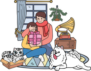 Hand Drawn Men give gifts to women with dogs and cats illustration in doodle style