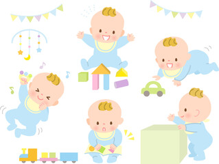 Naklejka premium 元気に遊ぶ赤ちゃんの表情イラストセット素材