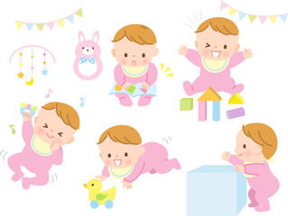 元気に遊ぶ赤ちゃんの表情イラストセット素材
