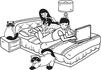 Hand Drawn Owner working on laptop with dog and cat in bedroom illustration in doodle style