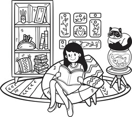 Hand Drawn The owner sits and reads a book with the cat in the living room illustration in doodle style