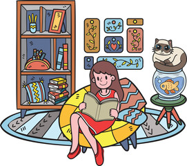 Hand Drawn The owner sits and reads a book with the cat in the living room illustration in doodle style