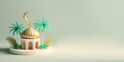 Golden 3D Mosque Illustration for Islamic Festival Banner