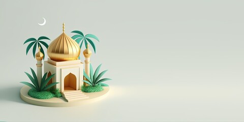 3D Mini Mosque with Golden Dome for Ramadan Banner