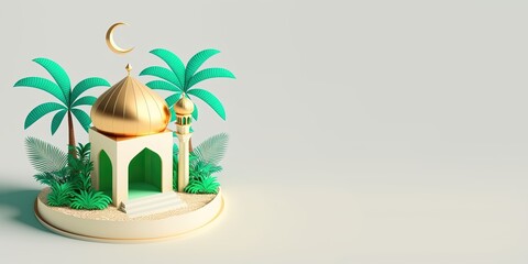 Fototapeta premium 3D Mini Mosque with Golden Dome for Ramadan Banner