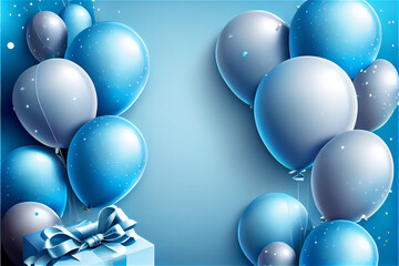Blue birthday decor with balloons an presents ideal for celebration backgrounds, generative AI