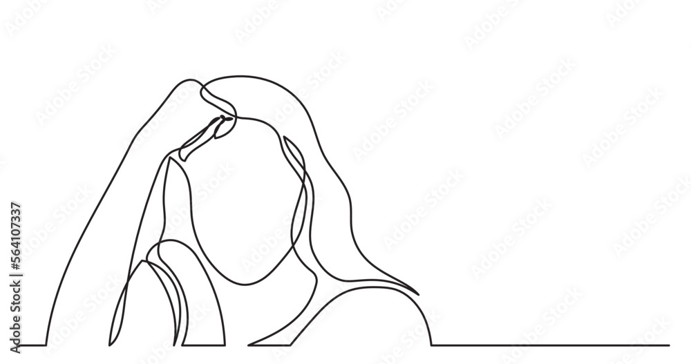 Wall mural continuous line drawing vector illustration with FULLY EDITABLE STROKE of young woman thinking solving problems finding solutions