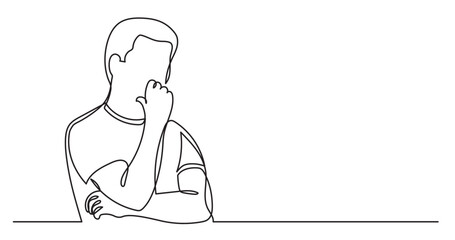 continuous line drawing vector illustration with FULLY EDITABLE STROKE of young man thinking about solving problems finding solutions