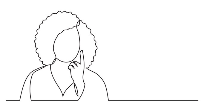 recommend clip art: continuous line drawing vector illustration with FULLY EDITABLE STROKE of young woman with afro hairstyle thinking finding solutions solving problems