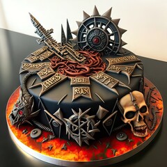 Heavy Metal Dark Monster Birthday Cake Design, with skulls, dark colors, guitars, occult symbols, and another cool elements, Generative AI