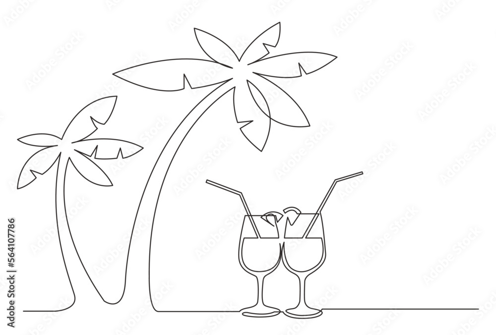 Sticker continuous line drawing vector illustration with FULLY EDITABLE STROKE of palm trees cocktail drinks