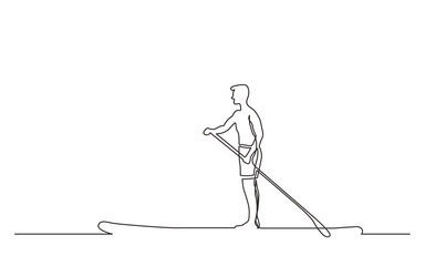 continuous line drawing vector illustration with FULLY EDITABLE STROKE of man paddling on board