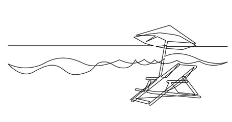 continuous line drawing vector illustration with FULLY EDITABLE STROKE of of beach chair and umbrella near sea waves