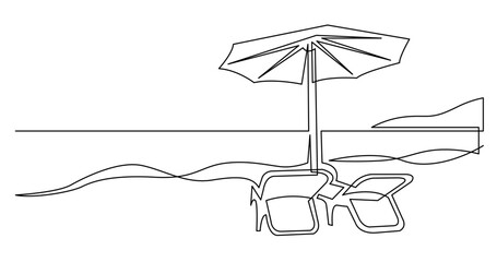 continuous line drawing vector illustration with FULLY EDITABLE STROKE of of couple of beach chairs under umbrella on sea beach