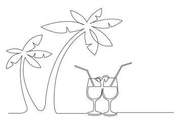 continuous line drawing vector illustration with FULLY EDITABLE STROKE of palm trees cocktail drinks