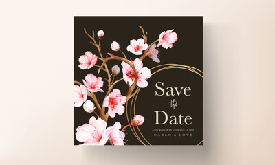 beautiful pink cherry blossom floral watercolor invitation card