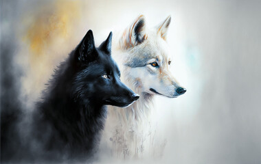 Beautiful artistic watercolor of a isolated white alpha wolf and its mate a  black wolf portrait, on white background. This illustration is created with generative ai