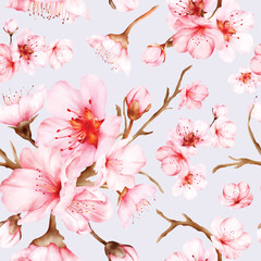 beautiful cherry blossom watercolor floral seamless pattern