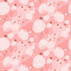 Seamless pattern of rose flower on pink background. Hand drawn floral repeat blossoms. Design for print, wrapping.