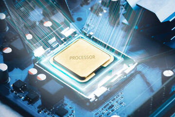 Golden CPU chip in a slot on a computer motherboard and glowing light around the processor chip, computer technology parts concept