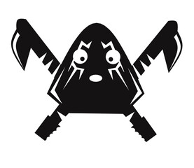Masked executioner crossed axes logo. Hangman, torturer, executor, tormentor, butcher, headsman icon