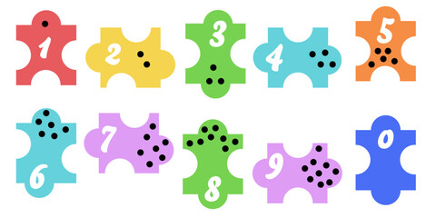 Ordinal numbers children learn to count from 0 to 9 white puzzles of different colors with black dots. Vector art illustration